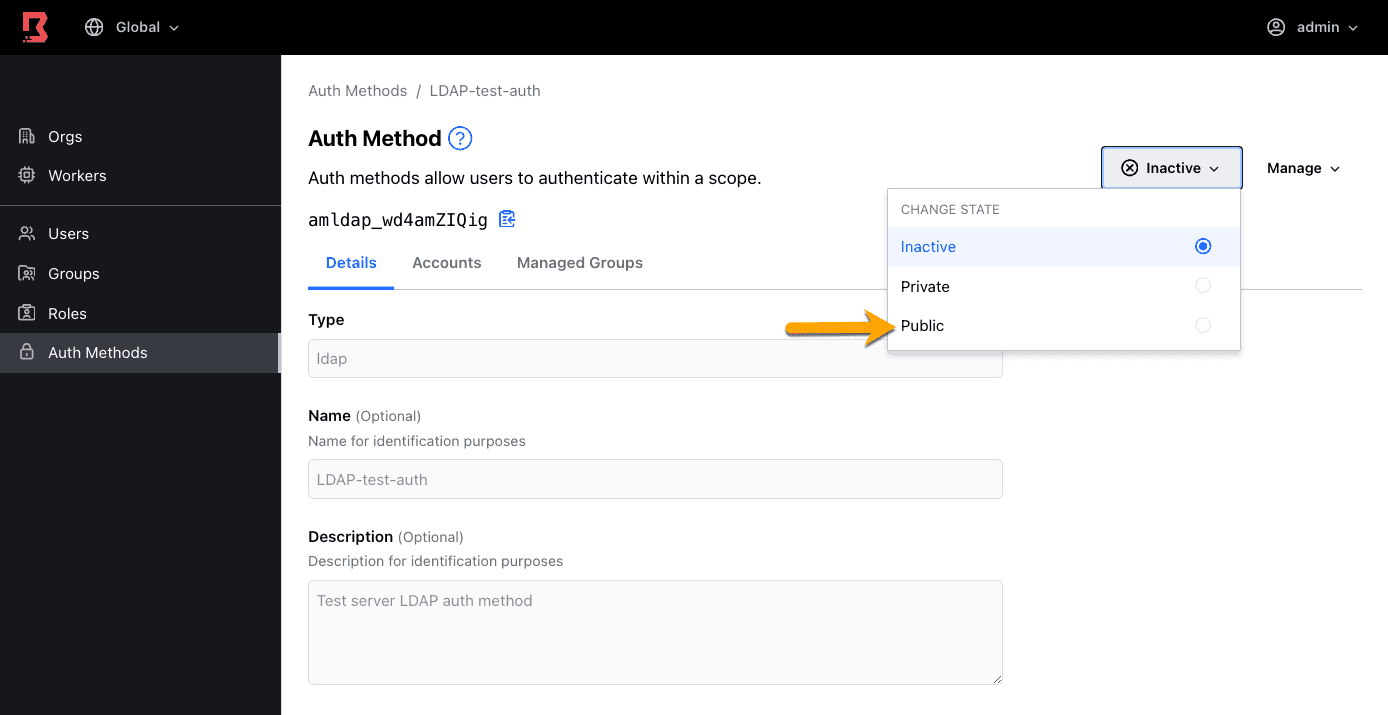 Admin Console change auth method state